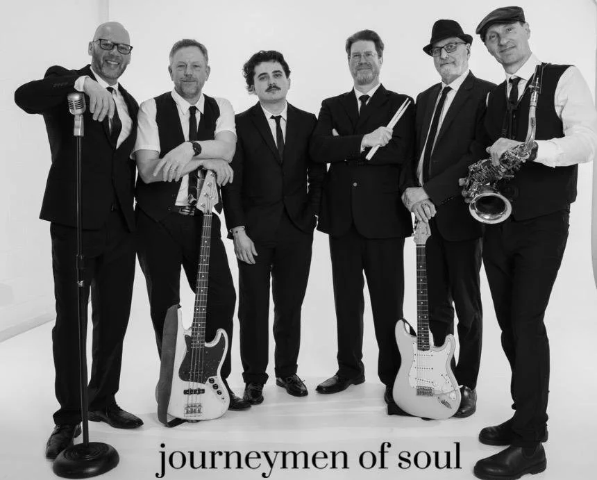 Journeymen of Soul — six band members in suits posing with mic stand, bass, guitar, drumstick and saxophone